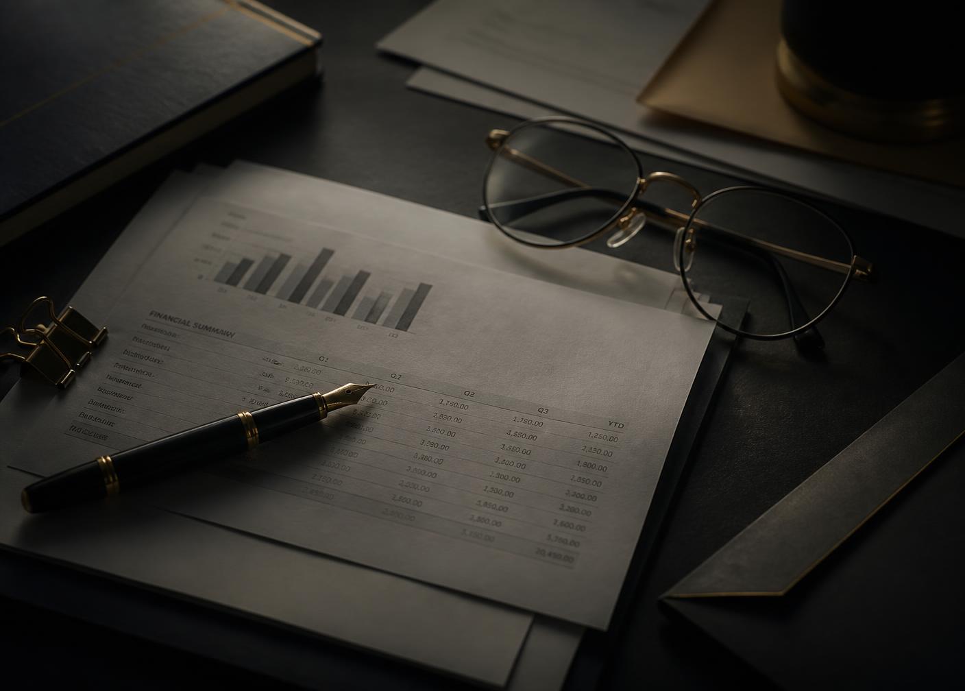 Financial documents, reading glasses and a fountain pen on a dark desk