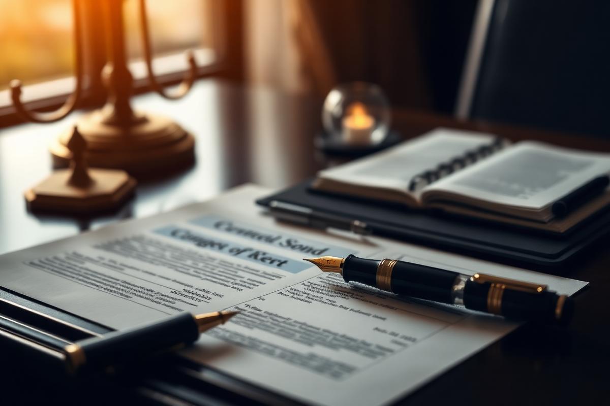 Investment contracts and a fountain pen on a dark desk in warm light