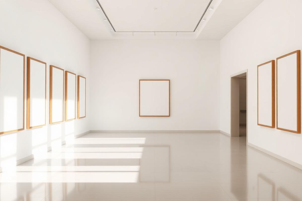 A quiet contemporary gallery interior with framed works on pale walls