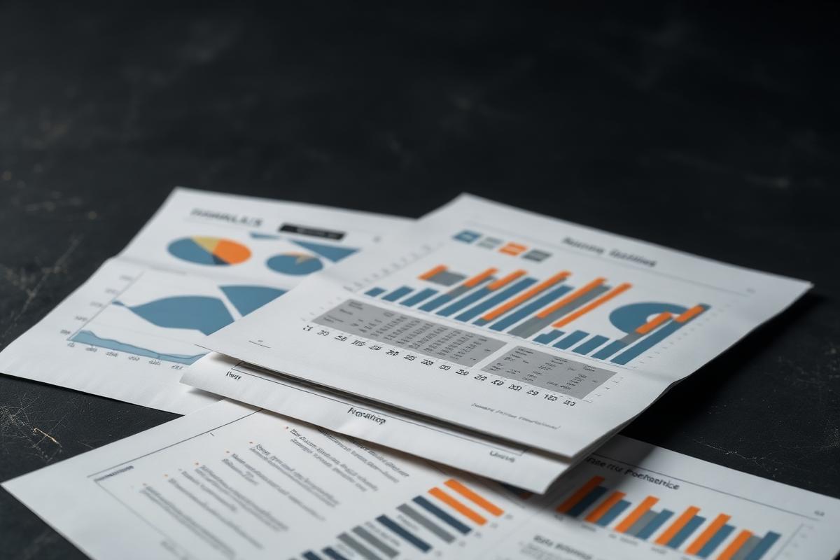 Layered financial statements and performance charts on a dark surface