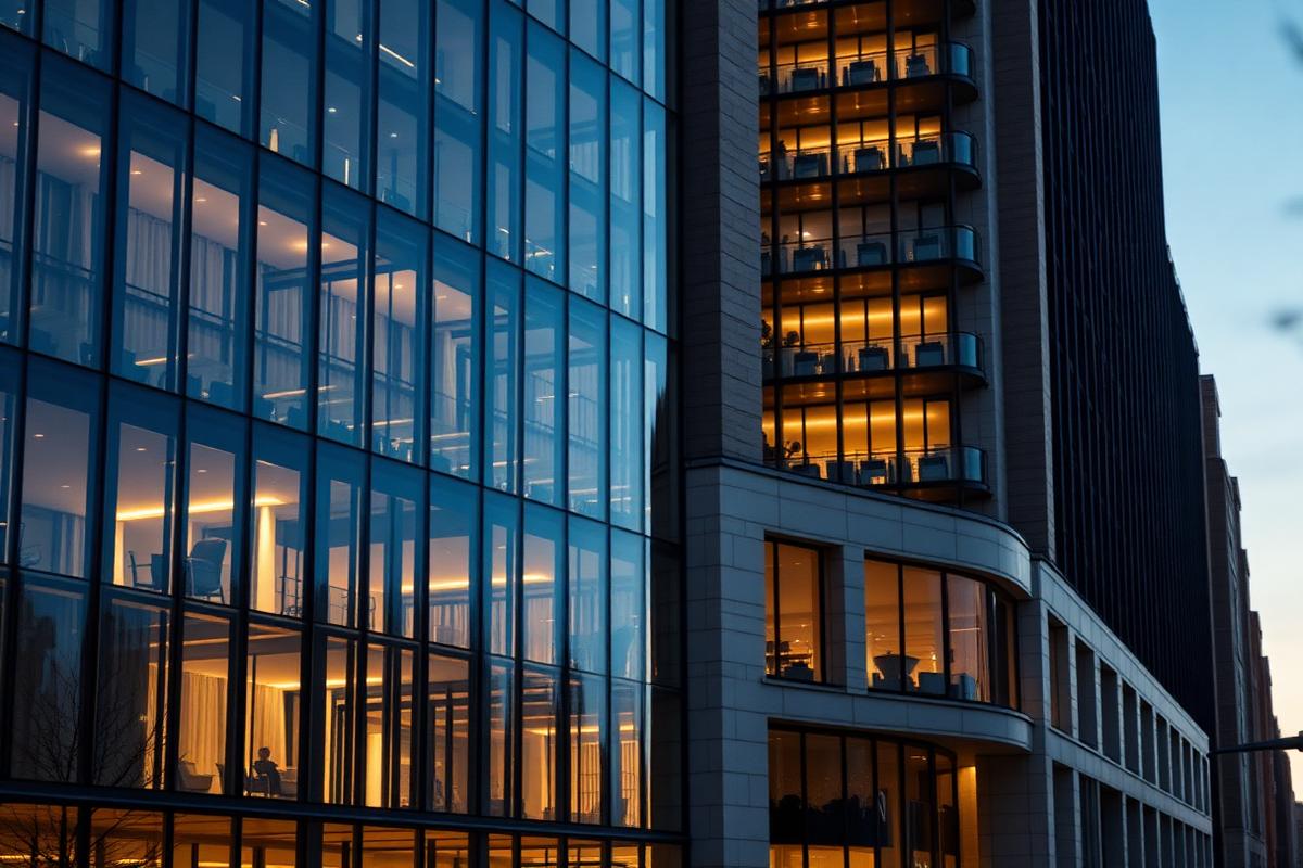 Modern glass and stone property development lit at dusk