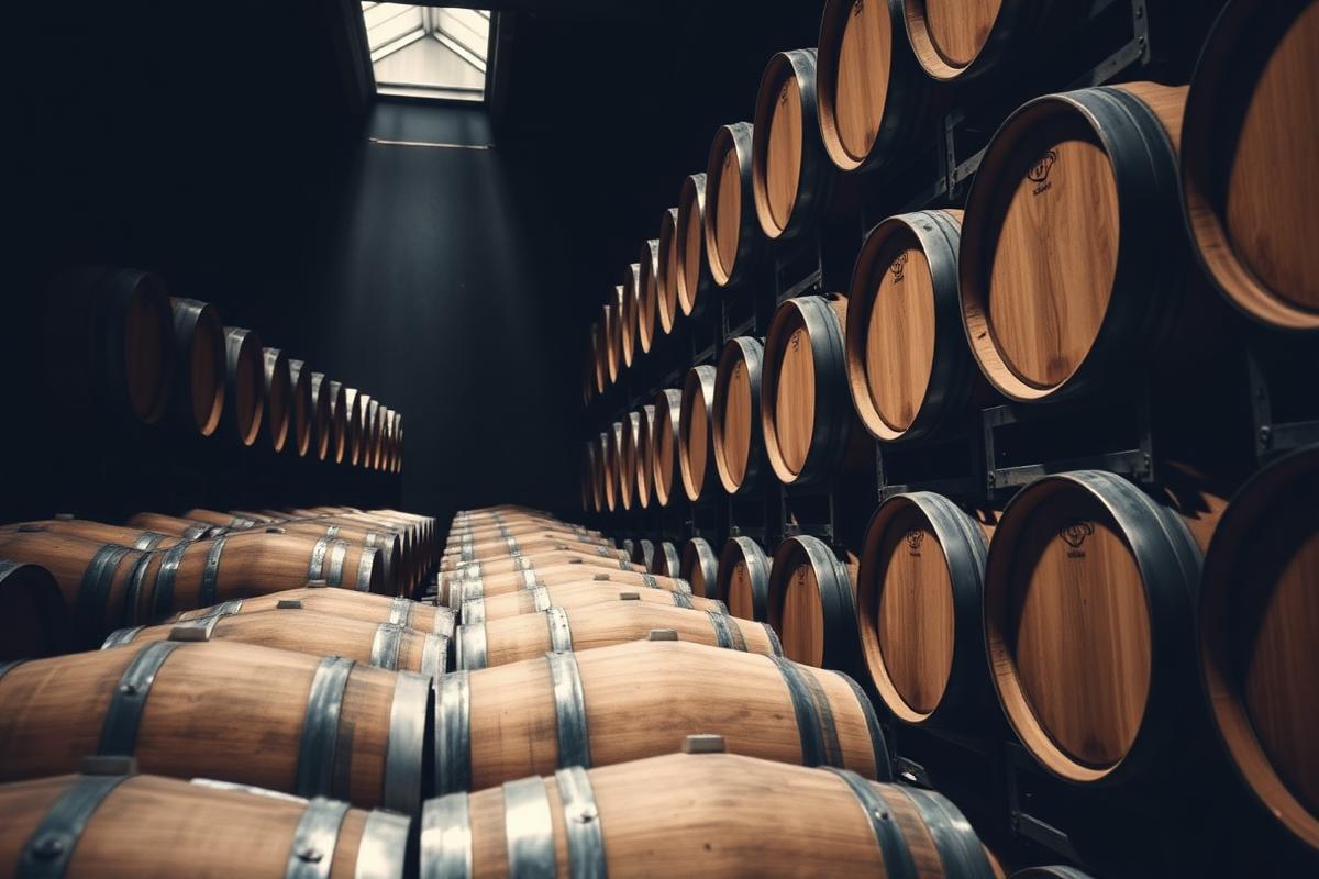 Oak whisky casks stacked in a dimly lit bonded warehouse
