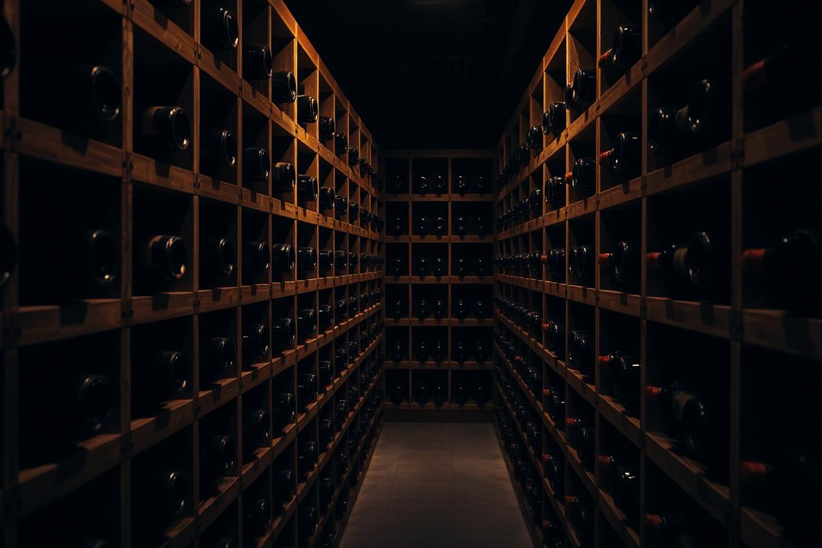 Rows of fine wine bottles resting in a dimly lit cellar